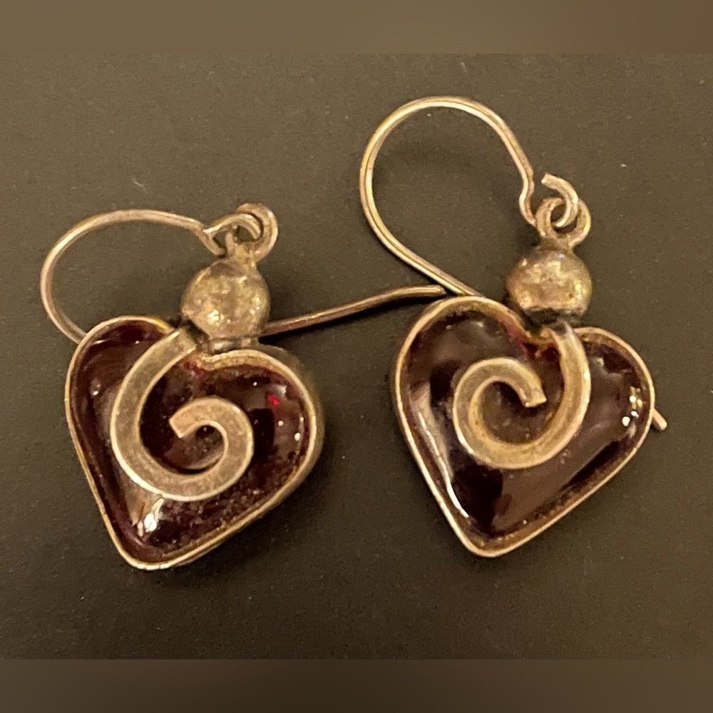 Sterling Silver and Red Glass Heart Dangle Earrings